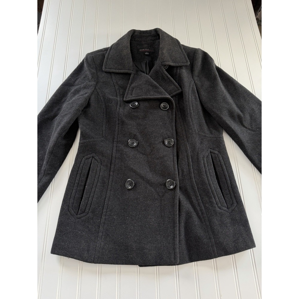 Vintage Jason Kole Black Charcoal Wool Blend Double‎ Breasted Coat Women's M Y2K